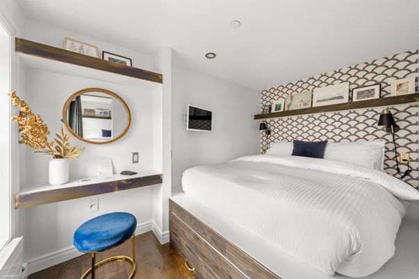 Bedroom, Interior, Recessed Lighting, Wood Texture Flooring
