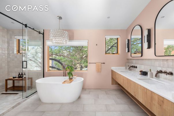 Bathroom, Chandelier, Dual Sink Vanities, Free Standing Baths, Glass Shower, Interior, Recessed Lighting