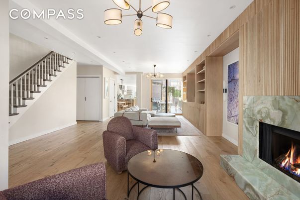 Chandelier, Fireplace, Interior, Living room, Pendant Lights, Recessed Lighting, Wood Texture Flooring
