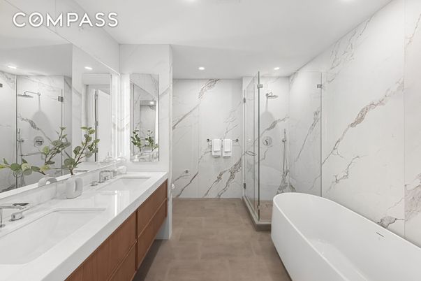 Bathroom, Dual Sink Vanities, Free Standing Baths, Glass Shower, Interior, Marble Walls, Recessed Lighting