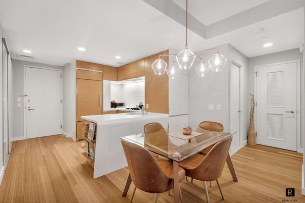 Dining room, Interior, Kitchen, Pendant Lights, Recessed Lighting, Wood Texture Flooring