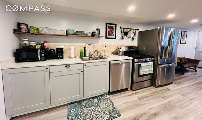 Interior, Kitchen, Recessed Lighting, Stainless Steel Appliances, Wood Texture Flooring