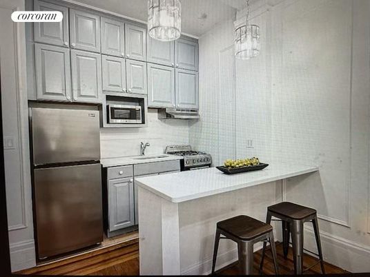 Interior, Kitchen, Pendant Lights, Stainless Steel Appliances, Wood Texture Flooring