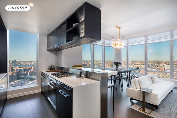 Chandelier, Interior, Kitchen, Pendant Lights, Recessed Lighting, Stainless Steel Appliances, Wood Texture Flooring