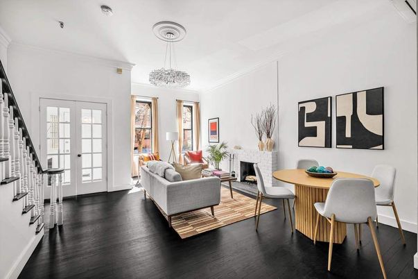 Chandelier, Dining room, Fireplace, Interior, Living room, Wood Texture Flooring