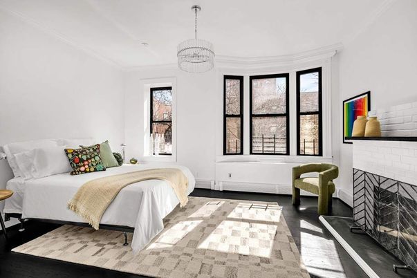 Bedroom, Fireplace, Interior, Pendant Lights, Wood Texture Flooring