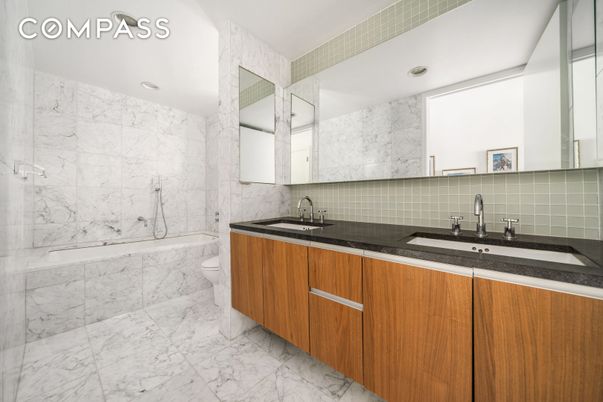 Bathroom, Dual Sink Vanities, Interior, Marble, Marble Walls, Recessed Lighting