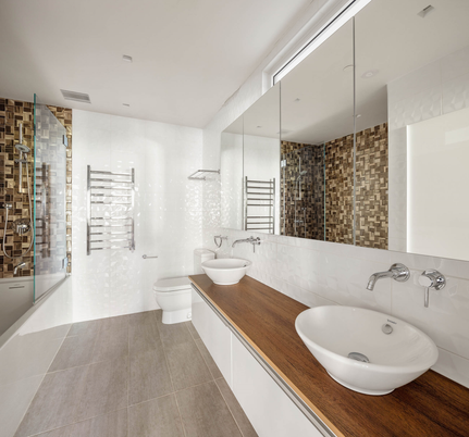 Bathroom, Interior, Stone Walls, Wood Texture Flooring