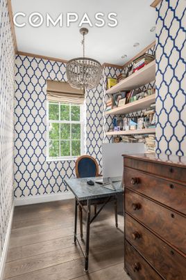 Chandelier, Home Office, Interior, Recessed Lighting, Wood Texture Flooring
