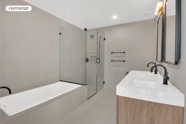 Bathroom, Dual Sink Vanities, Glass Shower, Interior, Recessed Lighting