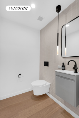 Bathroom, Interior, Pendant Lights, Recessed Lighting, Wood Texture Flooring