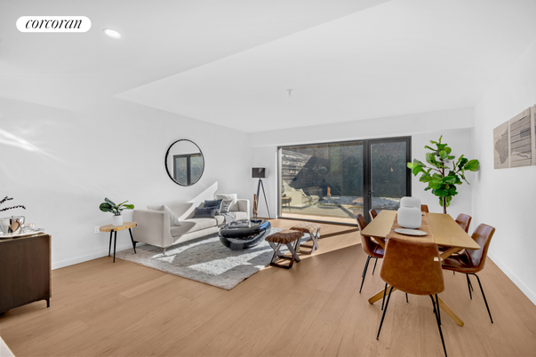 Dining room, Interior, Living room, Recessed Lighting, Wood Texture Flooring