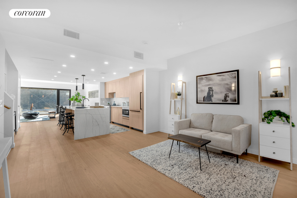 Dining room, Interior, Kitchen, Living room, Pendant Lights, Recessed Lighting, Stainless Steel Appliances, Wood Texture Flooring