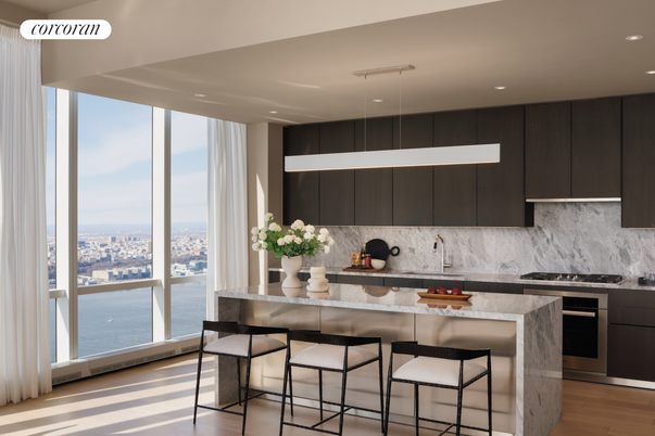 Interior, Kitchen, Pendant Lights, Recessed Lighting, Stainless Steel Appliances, Water, Wood Texture Flooring