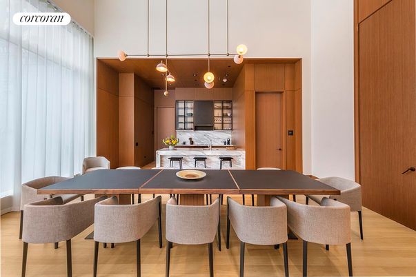Dining room, Interior, Kitchen, Pendant Lights, Wood Texture Flooring