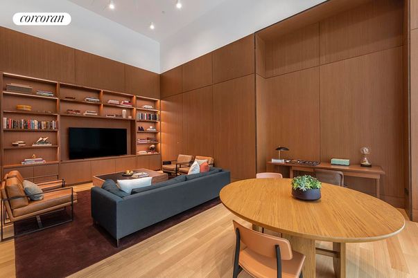 Dining room, Interior, Living room, Recessed Lighting, Wood Texture Flooring, Wooden Walls