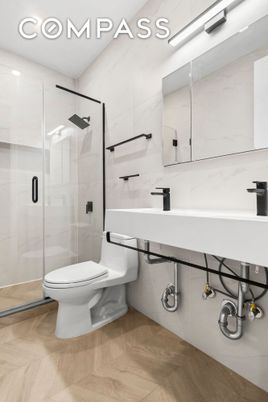Bathroom, Glass Shower, Interior, Marble Walls, Recessed Lighting, Wood Texture Flooring