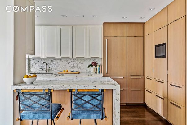 Interior, Kitchen, Marble Walls, Recessed Lighting, Wood Texture Flooring