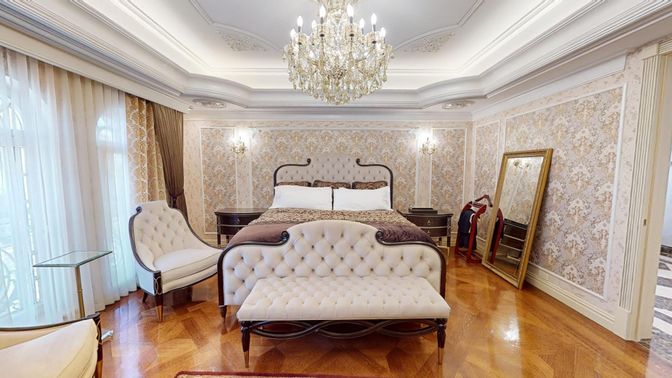Bedroom, Chandelier, Interior, Wood Texture Flooring
