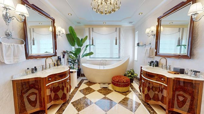 Bathroom, Chandelier, Dual Sink Vanities, Free Standing Baths, Interior, Recessed Lighting