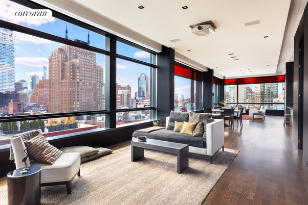 Dining room, Interior, Living room, Recessed Lighting, Wood Texture Flooring, Skyline