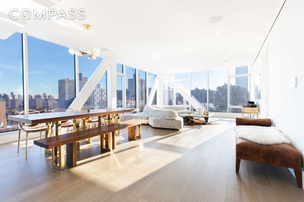 Dining room, Interior, Pendant Lights, Recessed Lighting, Wood Texture Flooring, Skyline