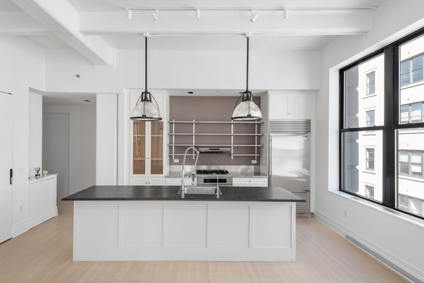 Interior, Kitchen, Pendant Lights, Stainless Steel Appliances, Wood Texture Flooring