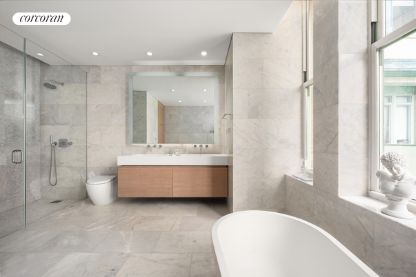 Bathroom, Dual Sink Vanities, Free Standing Baths, Glass Shower, Interior, Marble Walls, Recessed Lighting