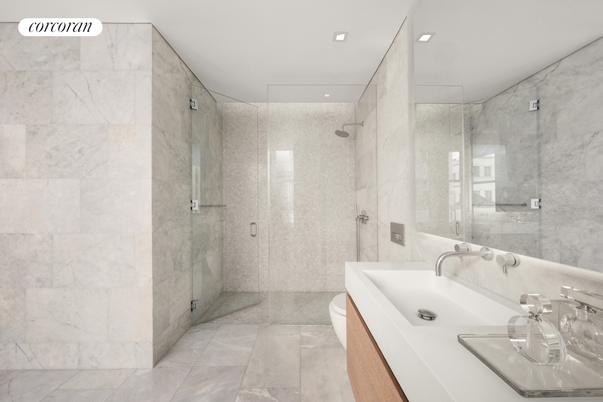 Bathroom, Glass Shower, Interior, Marble Walls, Recessed Lighting