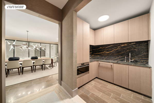 Dining room, Interior, Kitchen, Marble Walls, Pendant Lights, Recessed Lighting, Stainless Steel Appliances