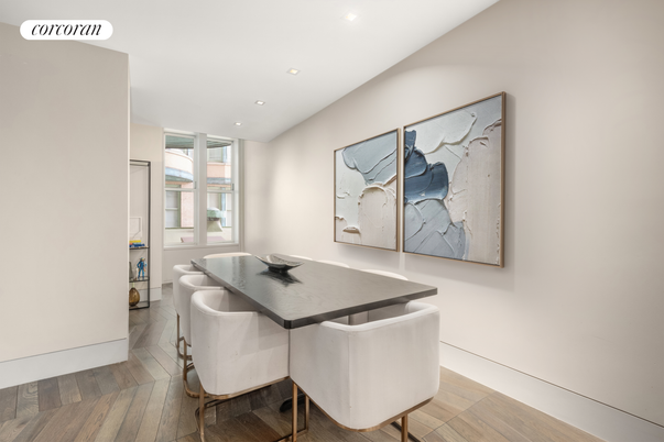 Dining room, Interior, Recessed Lighting, Wood Texture Flooring