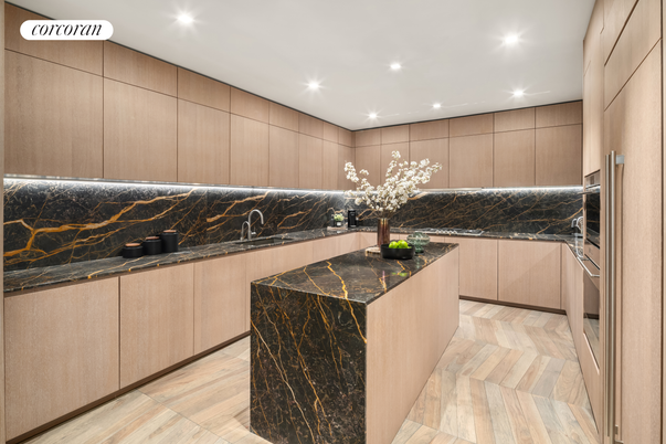 Interior, Kitchen, Marble Walls, Recessed Lighting, Wood Texture Flooring