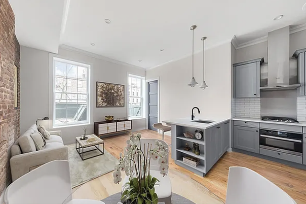 Interior, Kitchen, Living room, Pendant Lights, Recessed Lighting, Stainless Steel Appliances, Stone Walls, Wood Texture Flooring