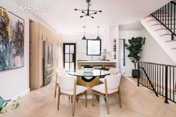 Dining room, Interior, Kitchen, Pendant Lights, Stainless Steel Appliances, Wood Texture Flooring