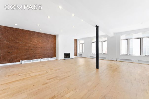 Empty room, Fireplace, Interior, Recessed Lighting, Stone Walls, Wood Texture Flooring