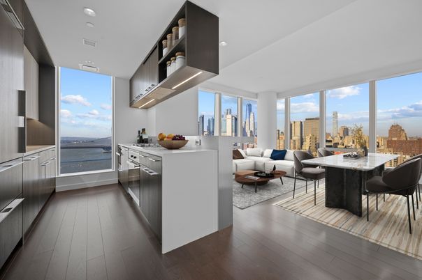Dining room, Interior, Kitchen, Living room, Recessed Lighting, Stainless Steel Appliances, Water, Wood Texture Flooring