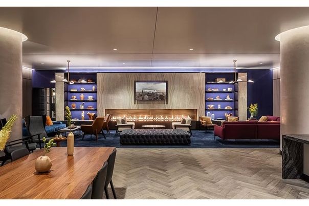 Dining room, Fireplace, Interior, Living room, Pendant Lights, Recessed Lighting, Wood Texture Flooring