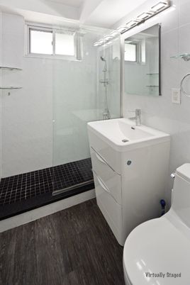 Bathroom, Glass Shower, Interior, Wood Texture Flooring