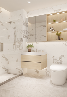 Bathroom, Glass Shower, Interior, Marble, Marble Walls, Recessed Lighting