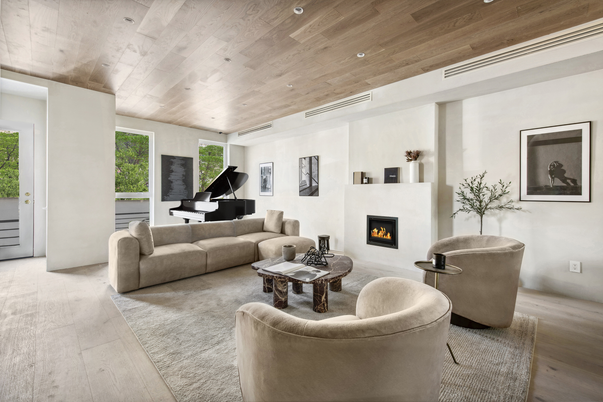 Fireplace, Interior, Living room, Piano, Recessed Lighting, Wooden Ceilings, Wood Texture Flooring