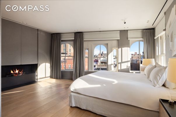 Bedroom, Fireplace, Interior, Recessed Lighting, Wood Texture Flooring