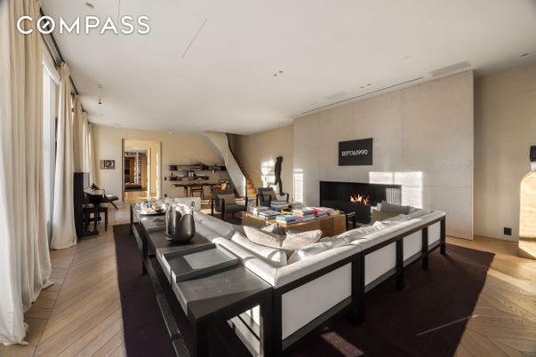 Dining room, Fireplace, Interior, Living room, Recessed Lighting, Wood Texture Flooring