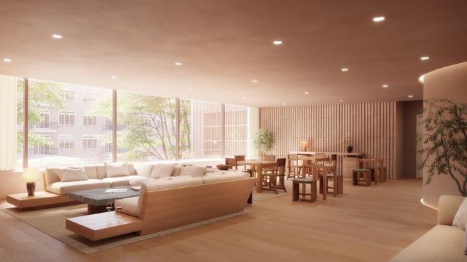 Dining room, Interior, Living room, Recessed Lighting, Wood Texture Flooring