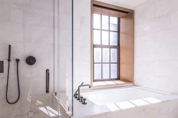 Bathroom, Glass Shower, Interior, Marble Walls