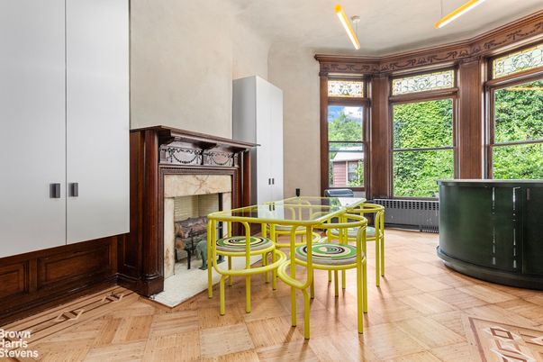 Dining room, Fireplace, Interior, Wood Texture Flooring