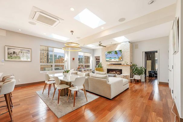 Dining room, Fireplace, Interior, Living room, Pendant Lights, Recessed Lighting, Stone Walls, Wood Texture Flooring