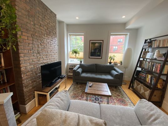 Interior, Living room, Recessed Lighting, Stone Walls, Wood Texture Flooring
