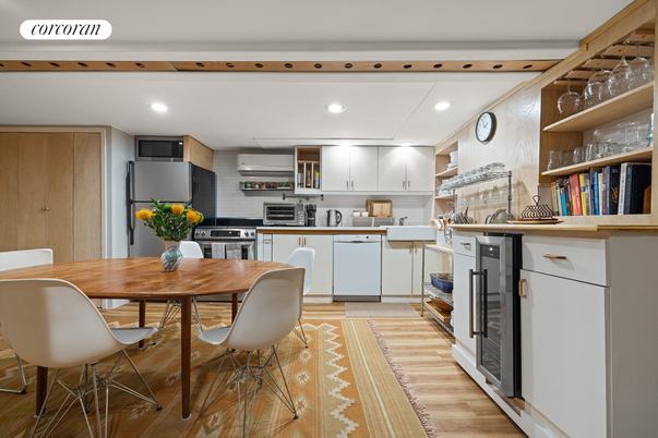 Dining room, Interior, Kitchen, Recessed Lighting, Stainless Steel Appliances, Wood Texture Flooring