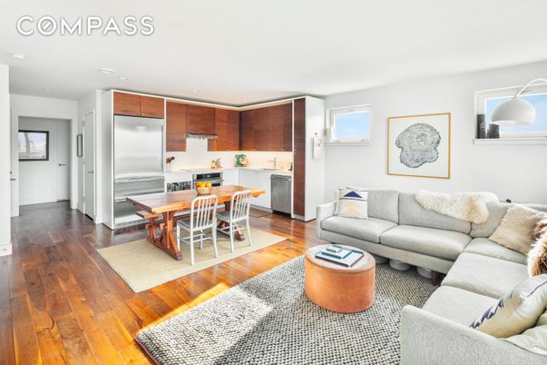 Dining room, Interior, Kitchen, Living room, Recessed Lighting, Stainless Steel Appliances, Wood Texture Flooring
