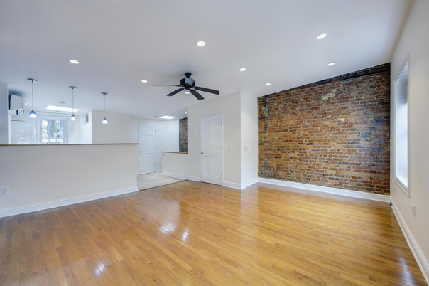 Empty room, Interior, Pendant Lights, Recessed Lighting, Stone Walls, Wood Texture Flooring